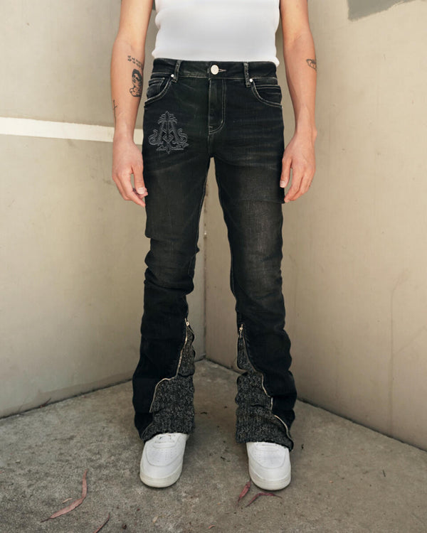 Lifted Anchors (Men's Black/Oak "Steffi" Knitted Stacked Flared Jean)