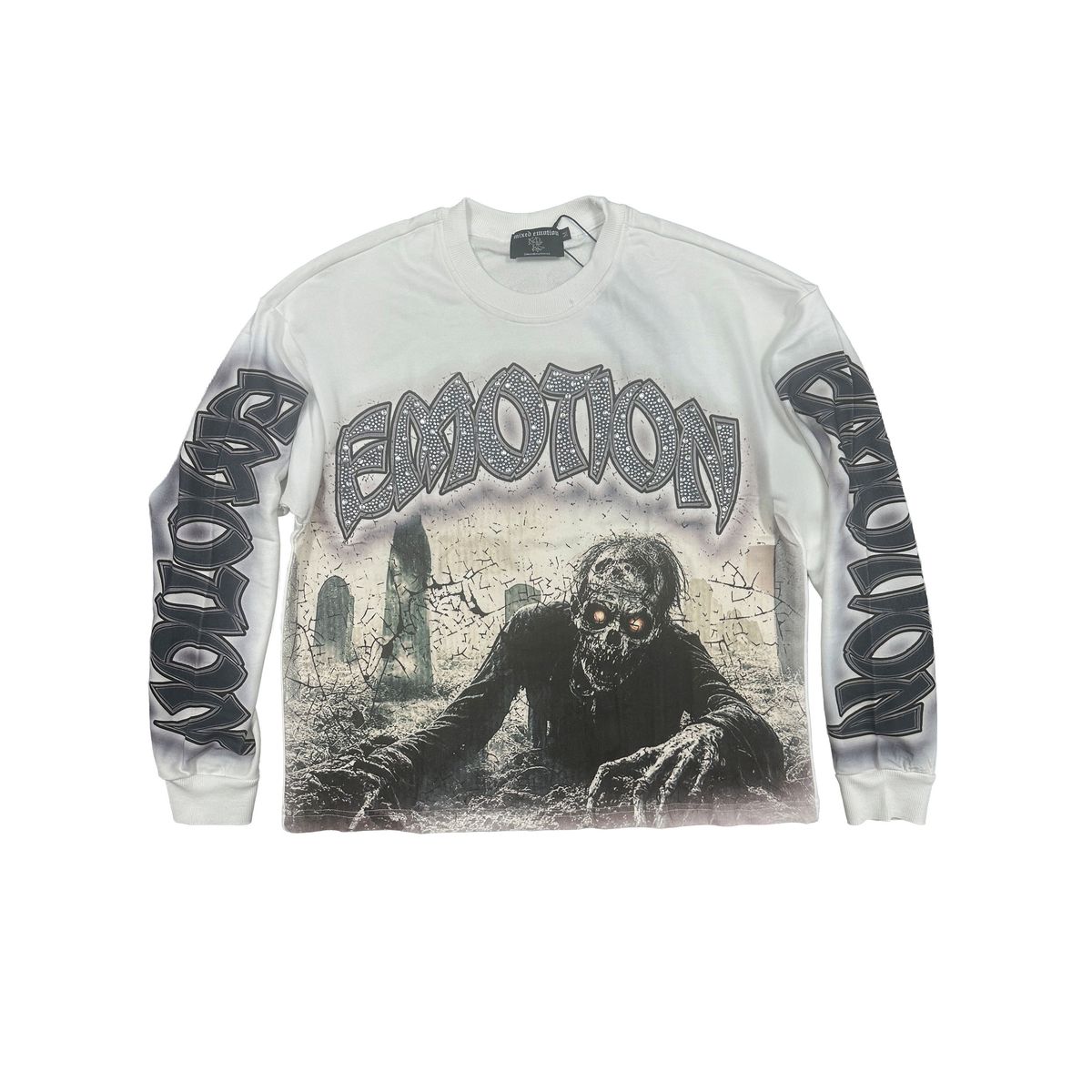 Mixed Emotion Rhinestone Resurrection long Sleeve tee White – VIP