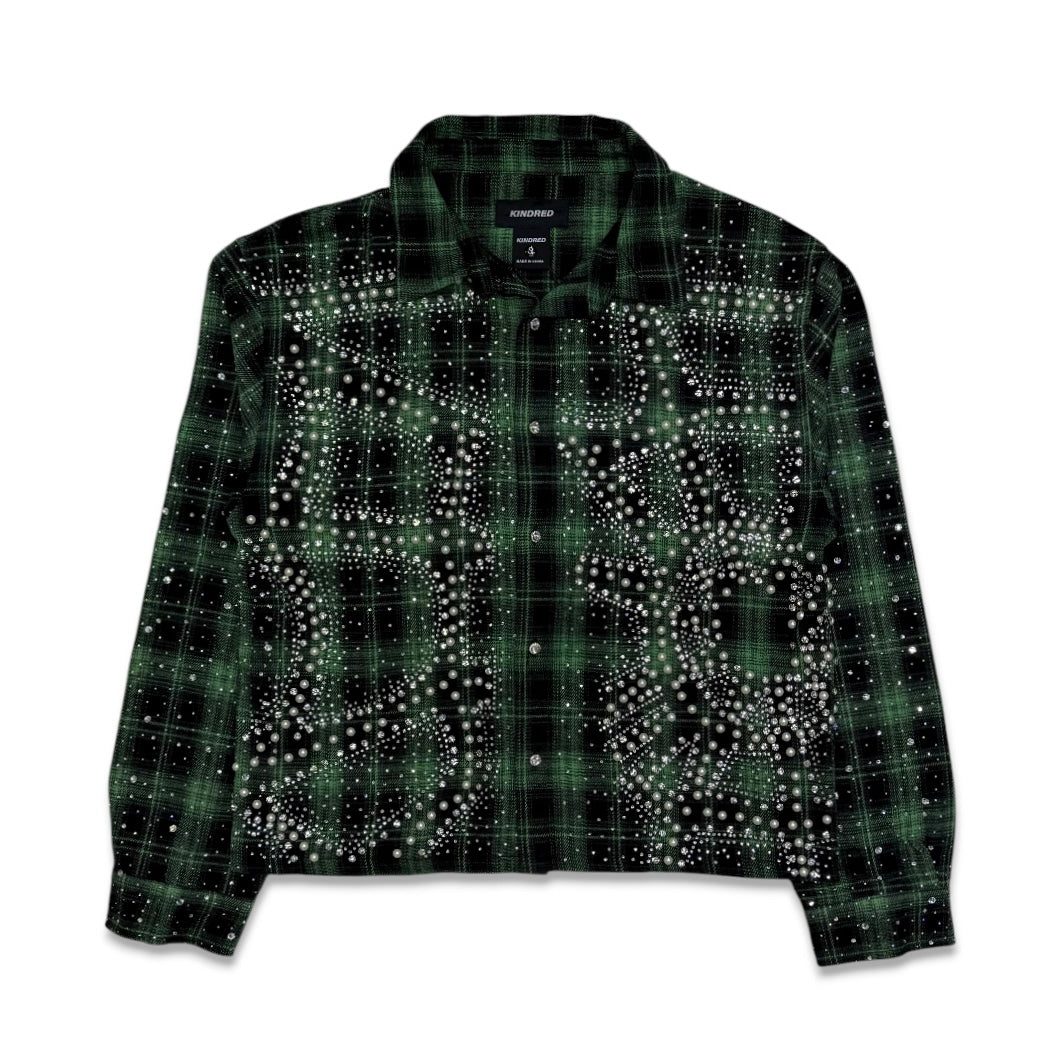 Kindred Men’s Cropped Rhinestone Pearl Flannel Shirt Green, L