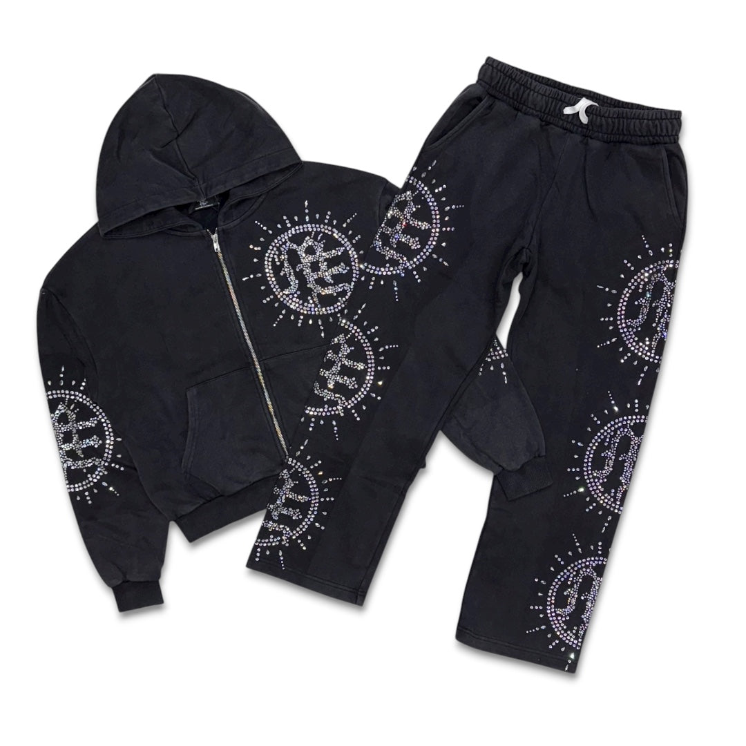 Mixed Emotion Eclipse Rhinestone Jogger set Grey Acid Wash – VIP