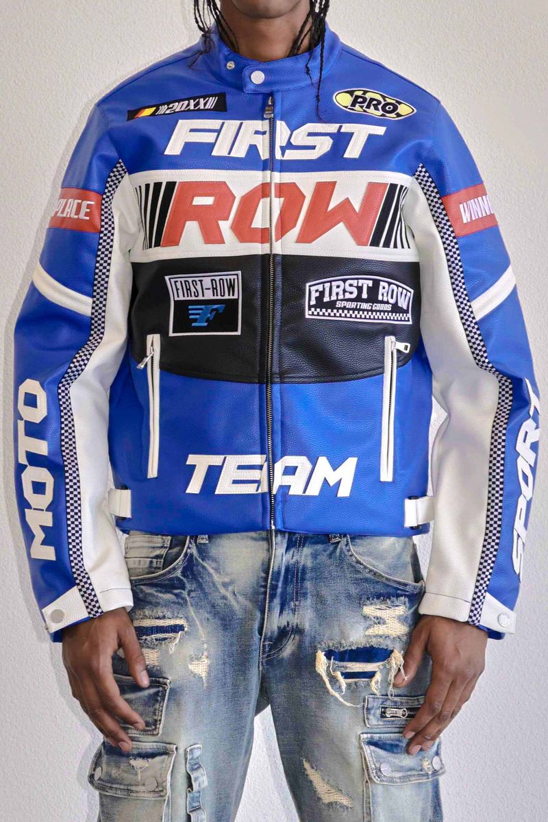 Racing Team First Down Auto Championship PVC Leather Motorcycle Jacket Mens Sz M buy