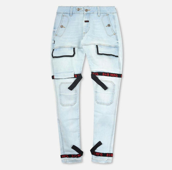 Eight nine (light blue/red strapped slim utility wash jean)
