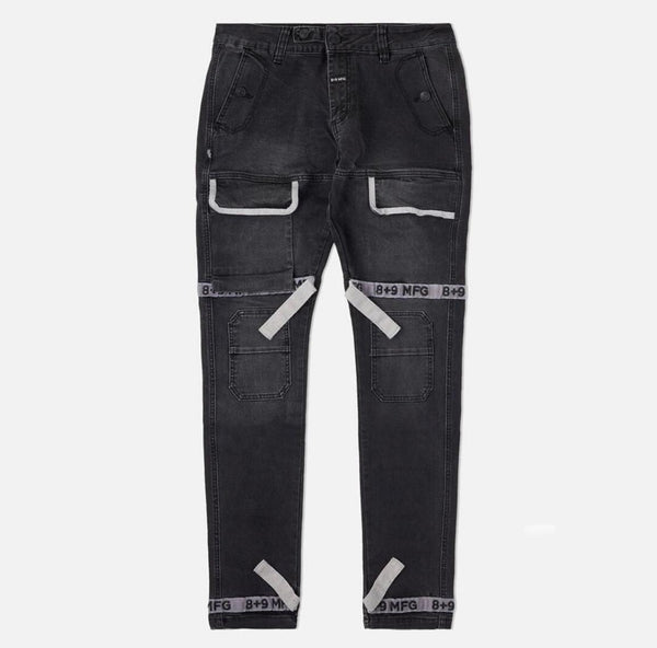 Eight & nine (black /grey strapped slim utility wash jean)