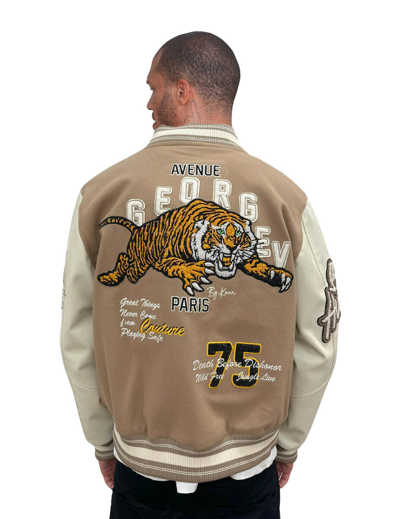 Avenue George (Beige/White 'Tiger Embroidered' varsity jacket)
