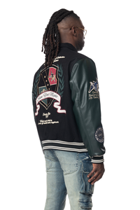 Smoke Rise Black/Green Studded Patch Varsity Jacket