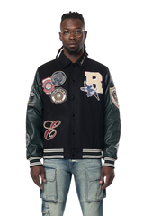 Smoke Rise Black/Green Studded Patch Varsity Jacket