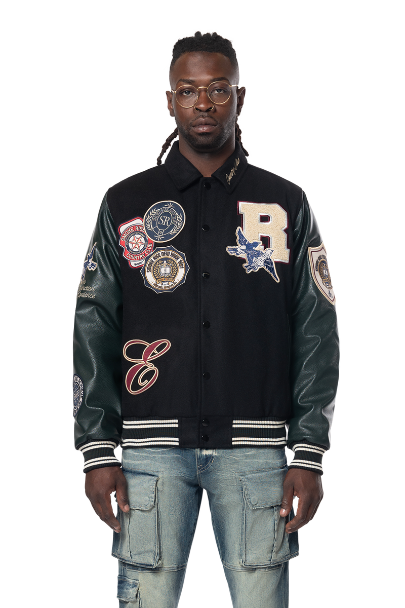 Smoke Rise Black/Green Studded Patch Varsity Jacket