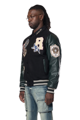Smoke Rise Black/Green Studded Patch Varsity Jacket