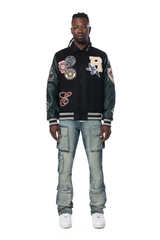 Smoke Rise Black/Green Studded Patch Varsity Jacket