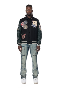 Smoke Rise Black/Green Studded Patch Varsity Jacket