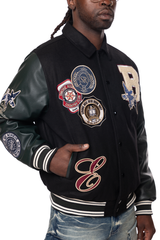 Smoke Rise Black/Green Studded Patch Varsity Jacket