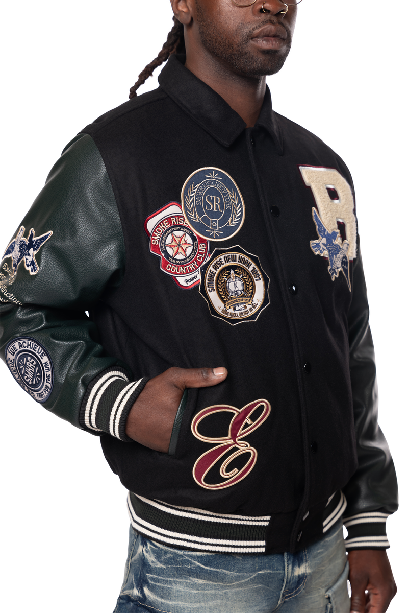 Smoke Rise Black/Green Studded Patch Varsity Jacket