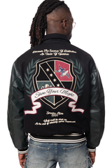 Smoke Rise Black/Green Studded Patch Varsity Jacket