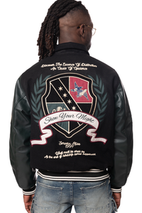 Smoke Rise Black/Green Studded Patch Varsity Jacket
