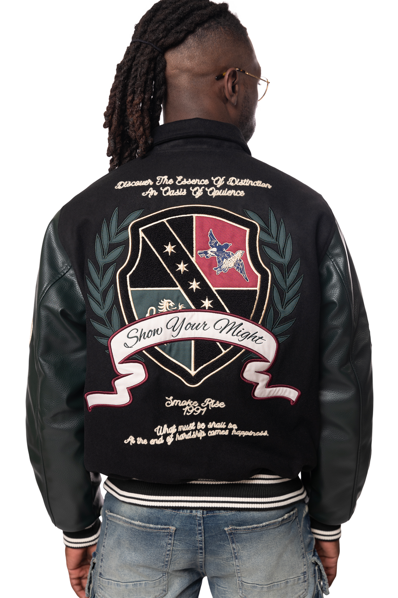Smoke Rise Black/Green Studded Patch Varsity Jacket