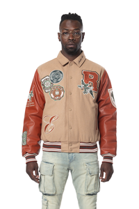Smoke Rise Muted Khaki Studded Patch Varsity Jacket