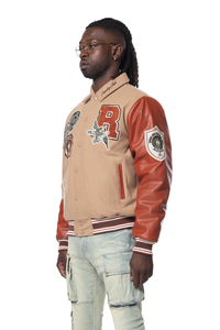 Smoke Rise Muted Khaki Studded Patch Varsity Jacket
