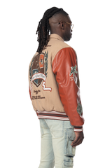 Smoke Rise Muted Khaki Studded Patch Varsity Jacket