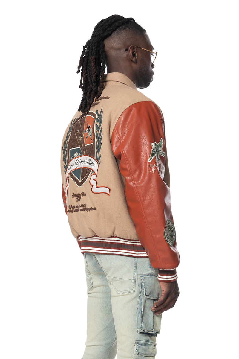 Smoke Rise Muted Khaki Studded Patch Varsity Jacket