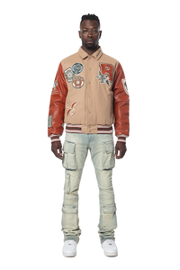 Smoke Rise Muted Khaki Studded Patch Varsity Jacket
