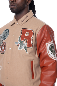 Smoke Rise Muted Khaki Studded Patch Varsity Jacket
