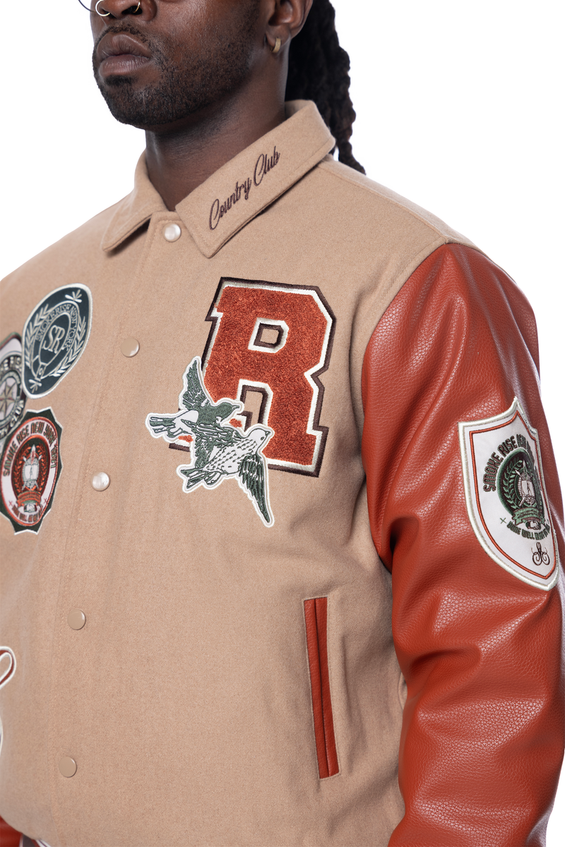 Smoke Rise Muted Khaki Studded Patch Varsity Jacket