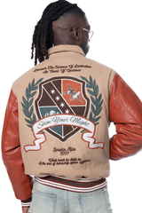 Smoke Rise Muted Khaki Studded Patch Varsity Jacket