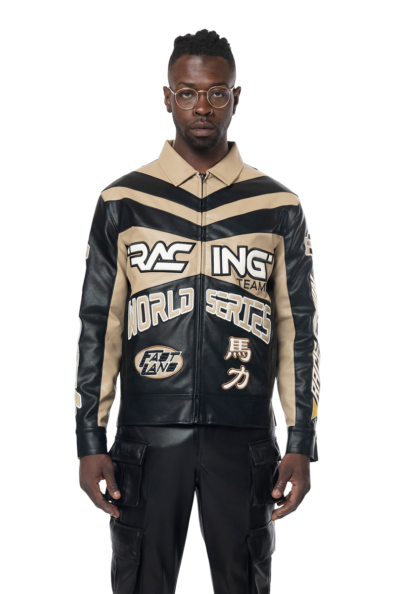 Smoke rise Khaki vegan leather racing jacket