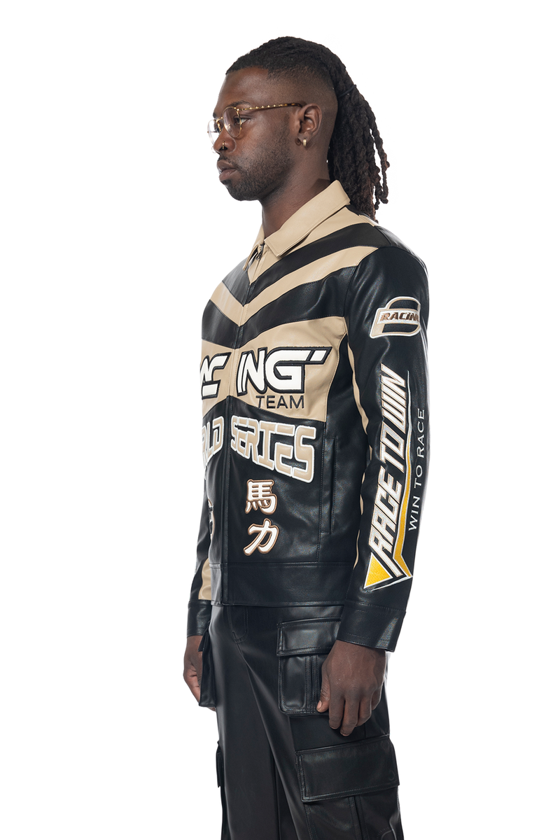 Smoke rise Khaki vegan leather racing jacket