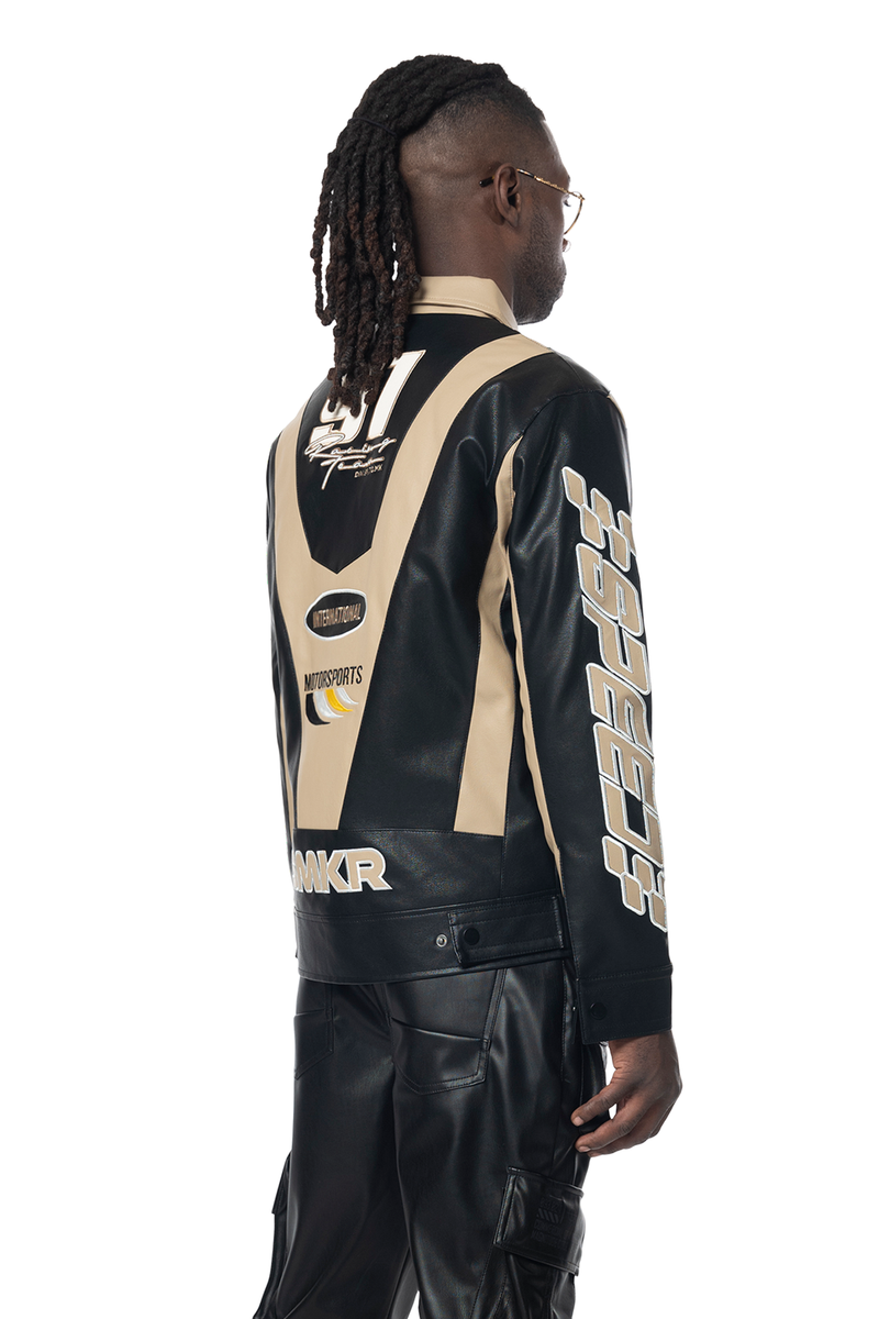 Smoke rise Khaki vegan leather racing jacket