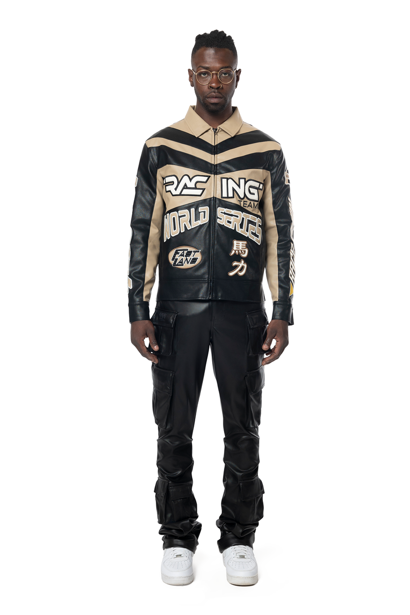 Smoke rise Khaki vegan leather racing jacket