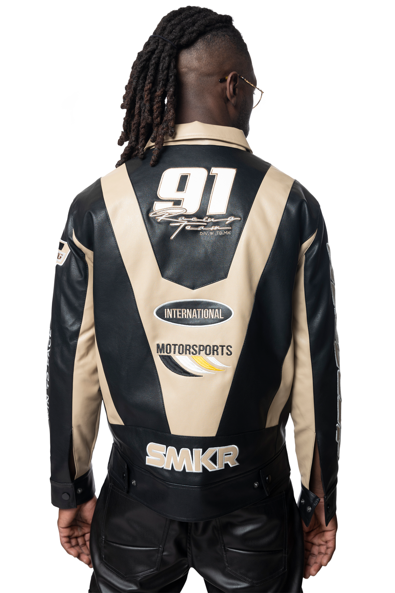 Smoke rise Khaki vegan leather racing jacket