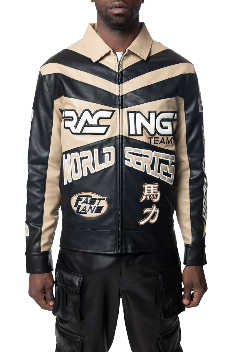 Smoke rise Khaki vegan leather racing jacket