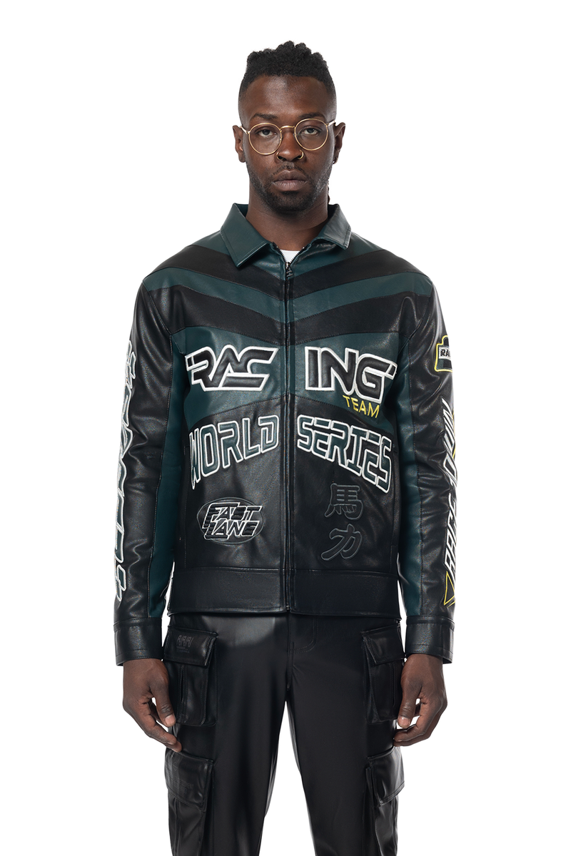 Smoke rise teal vegan leather racing jacket