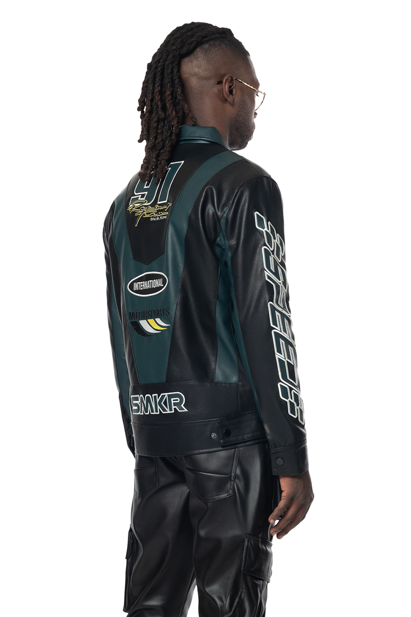 Smoke rise teal vegan leather racing jacket