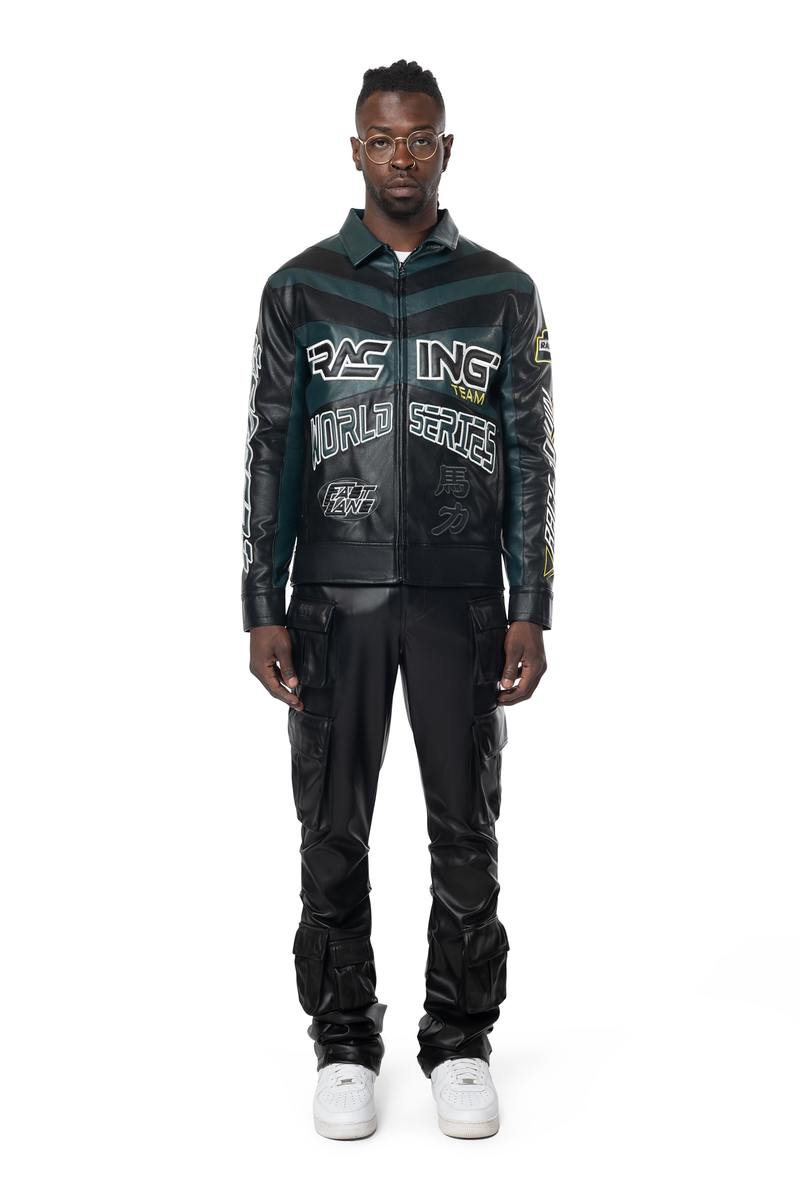 Smoke rise teal vegan leather racing jacket