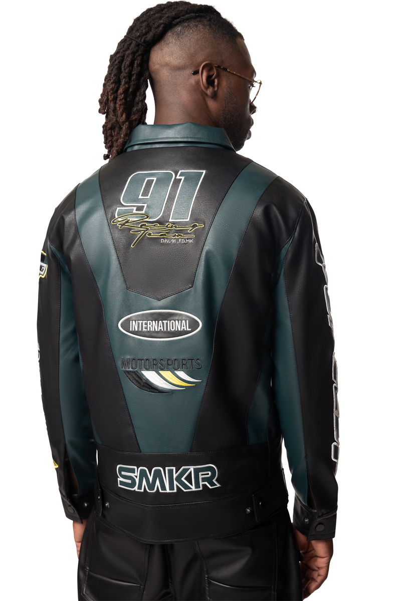 Smoke rise teal vegan leather racing jacket