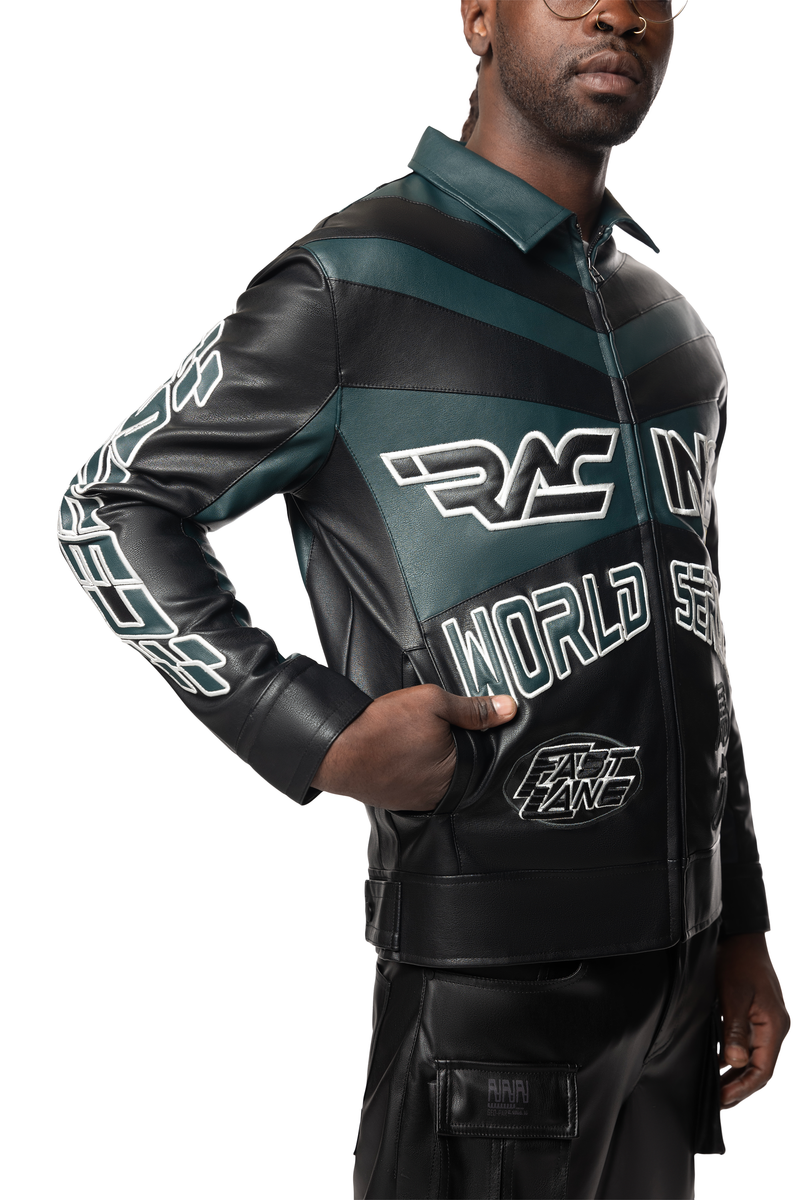 Smoke rise teal vegan leather racing jacket