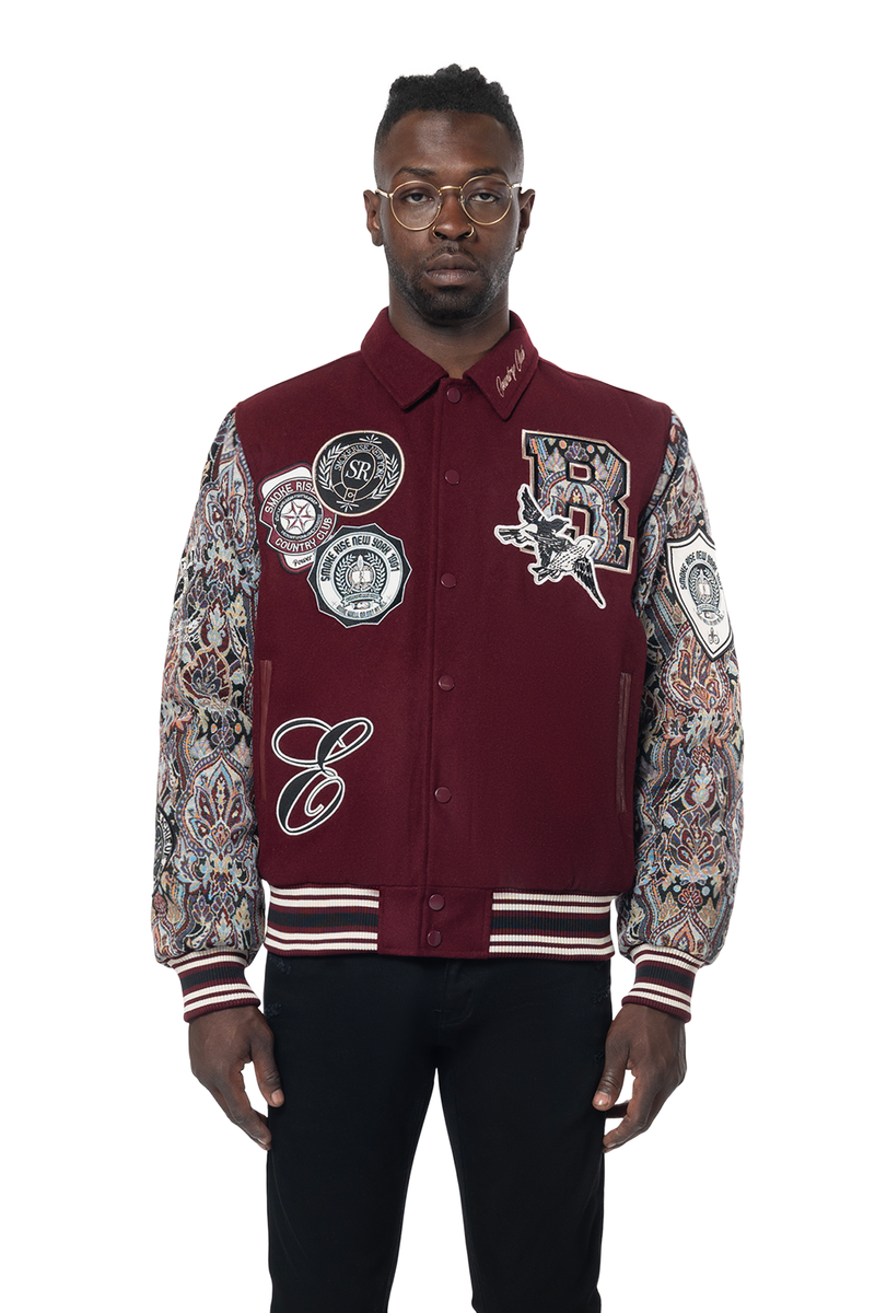 Smoke rise wine studded patch varsity jacket