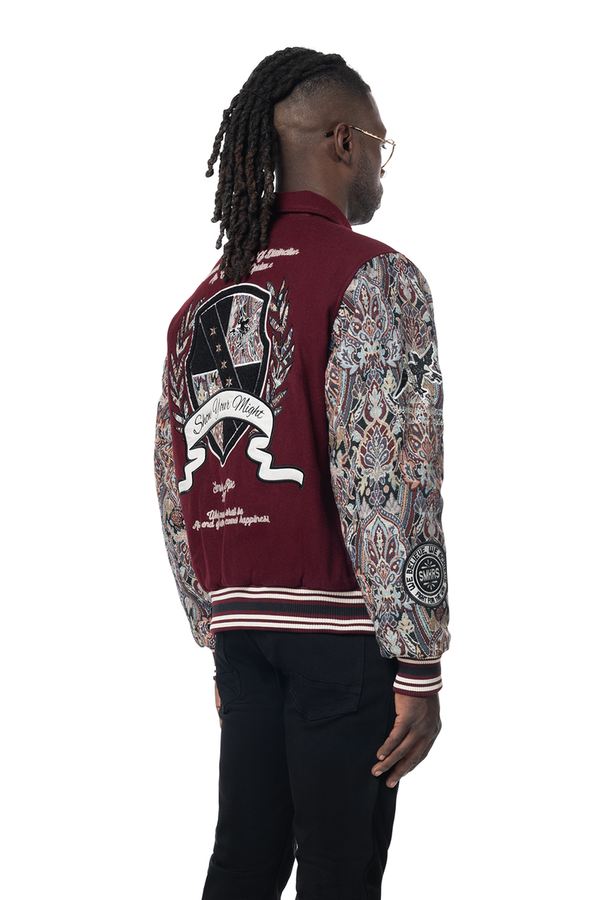 Smoke rise wine studded patch varsity jacket