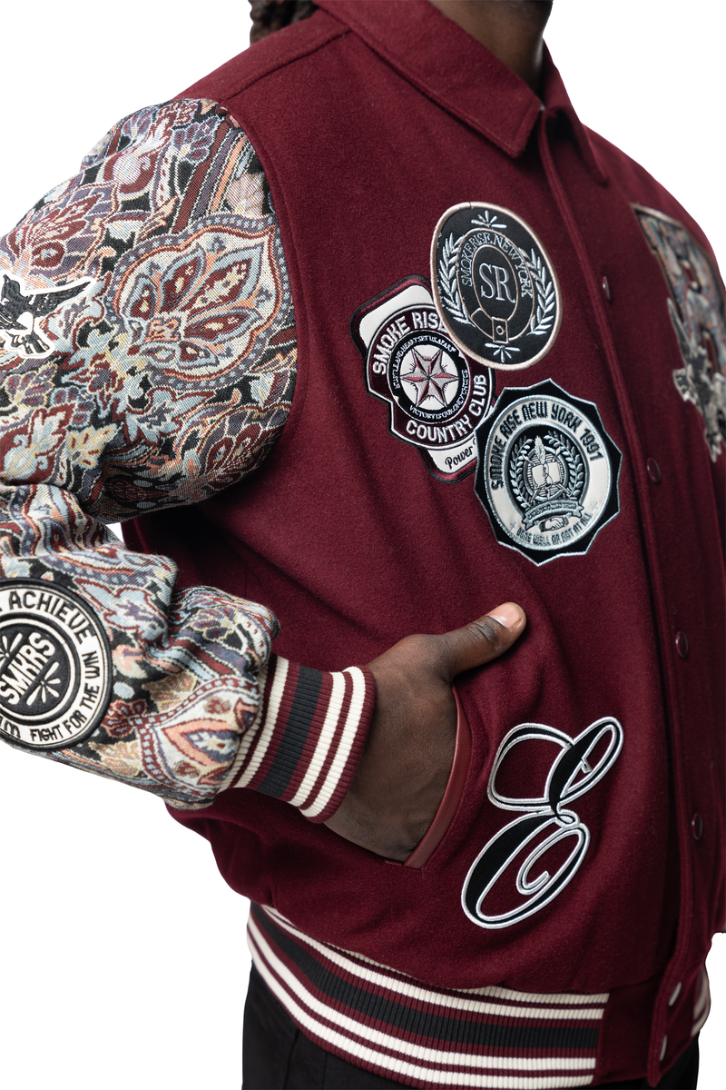 Smoke rise wine studded patch varsity jacket