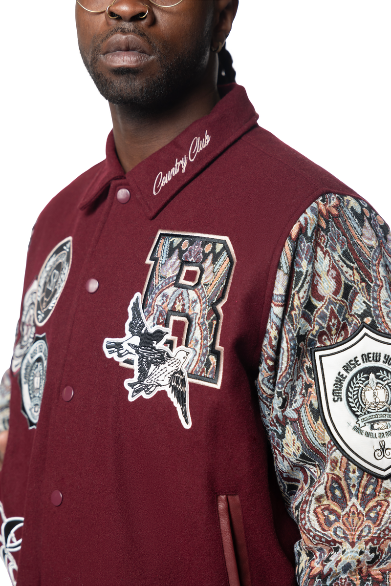 Smoke rise wine studded patch varsity jacket