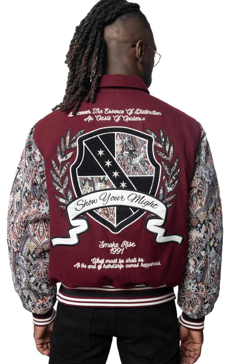 Smoke rise wine studded patch varsity jacket