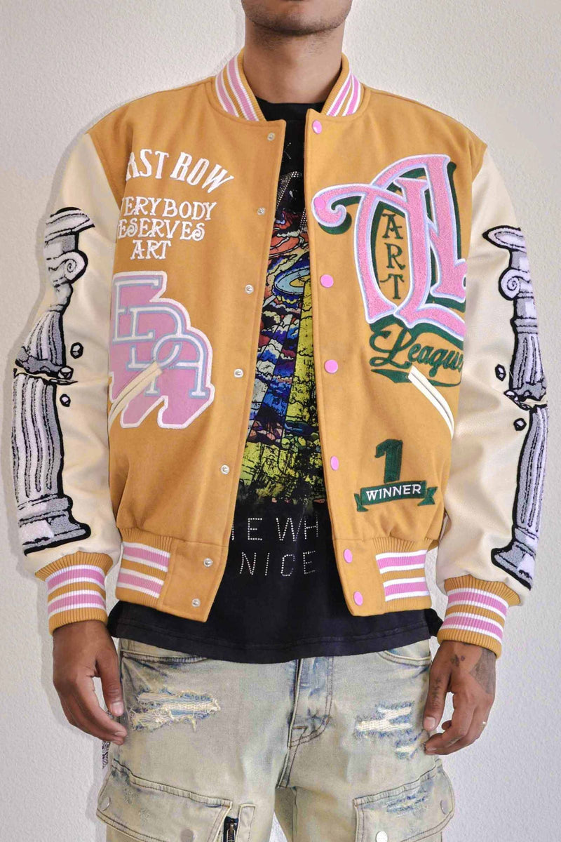 First row mustard Art league multi patches varsity jacket