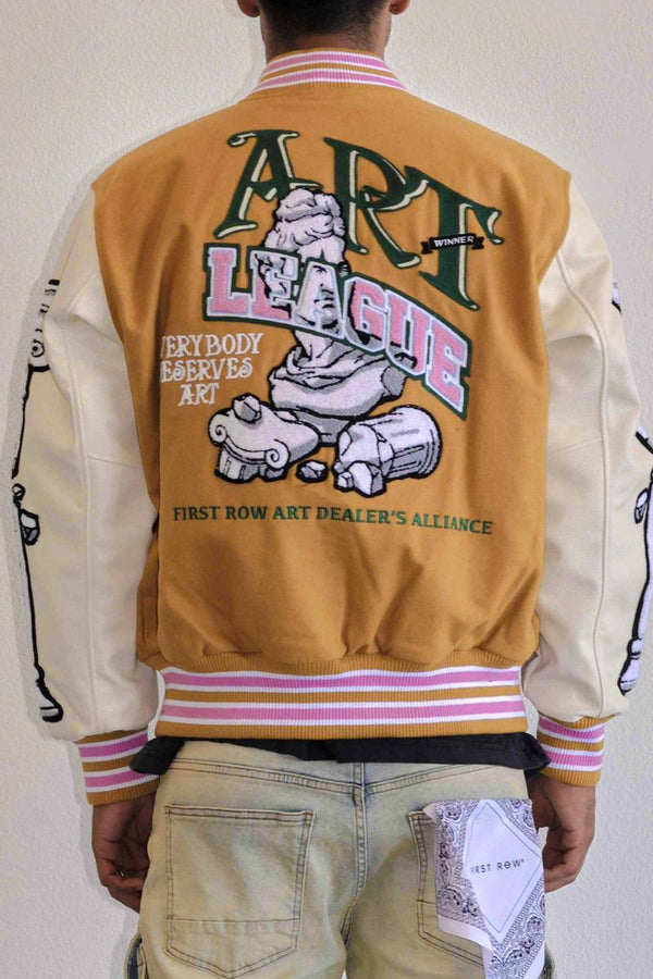 First row mustard Art league multi patches varsity jacket