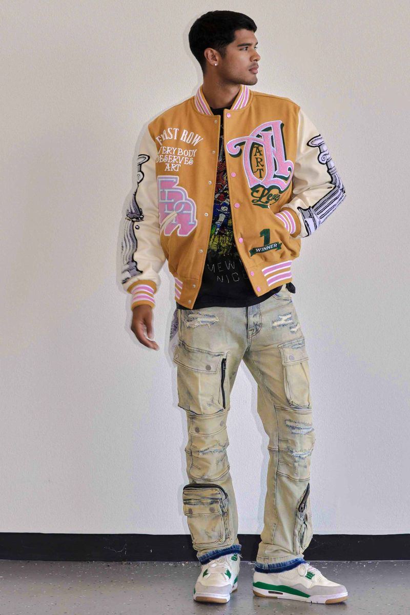 First row mustard Art league multi patches varsity jacket