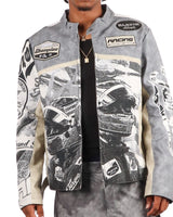 Majestik Men's Tapestry Mix Faux Leather Racing Champion Jacket Grey
