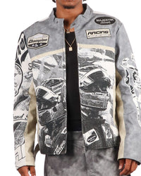 Majestik Men's Tapestry Mix Faux Leather Racing Champion Jacket Grey