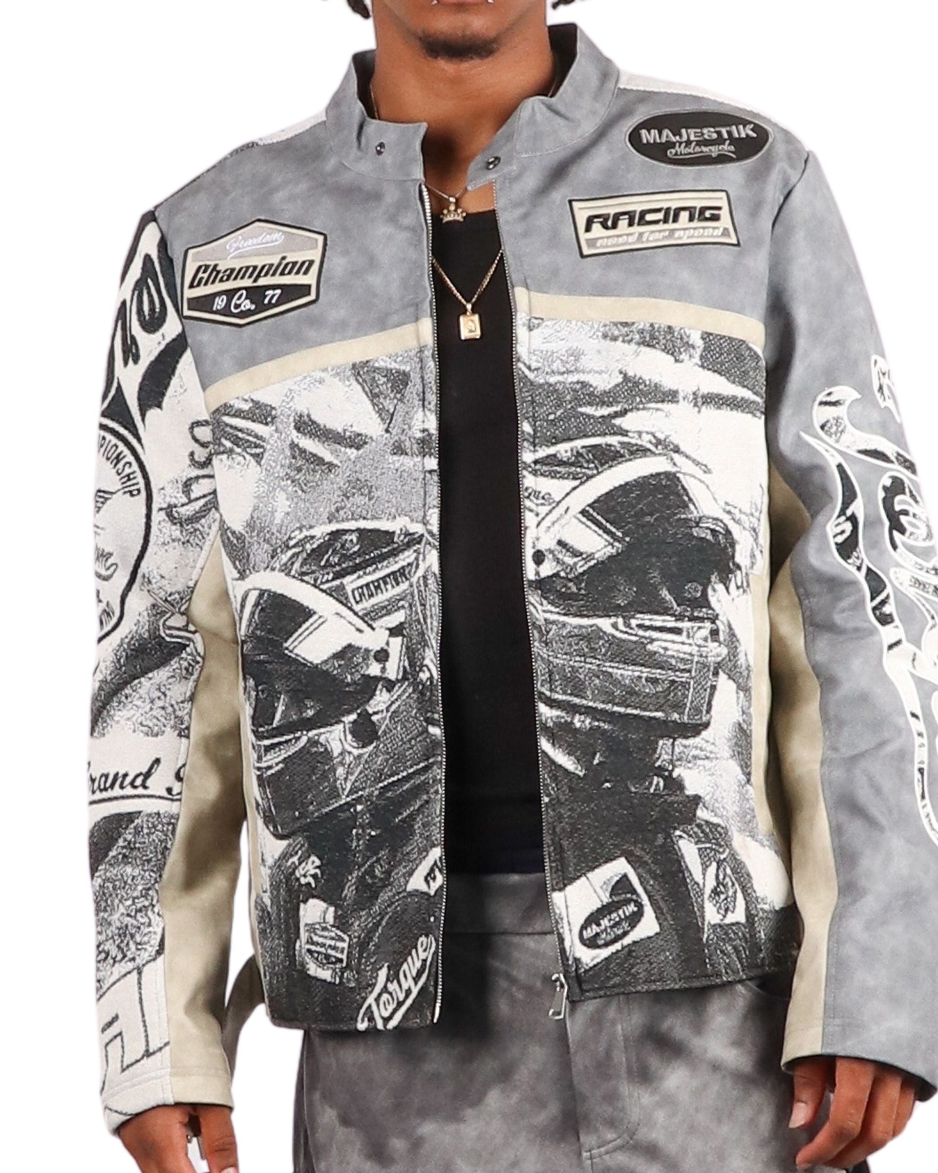 Majestik Men's Tapestry Mix Faux Leather Racing Champion Jacket Grey