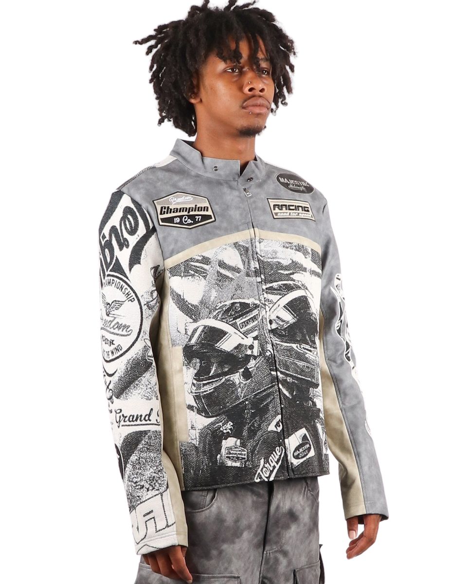 MAISON SPECIAL アシンメトリックジャケット Majestik Men's Tapestry Mix Faux Leather Racing Champion Jacket